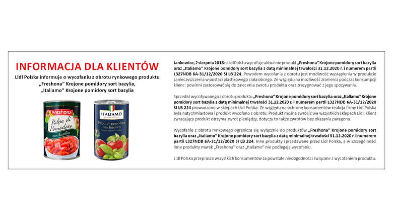 Lidl wycofuje ze sprzedaży pomodory w puszkach