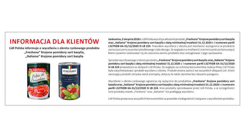 Lidl wycofuje ze sprzedaży pomodory w puszkach
