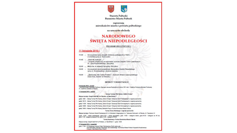 11 listopada 2016 r - Święto Niepodległości w Pułtusku