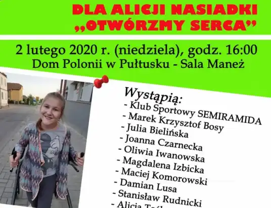 Akcja charytatywna Otwórzmy Serca dla Alicji Nasiadki w Pułtusku