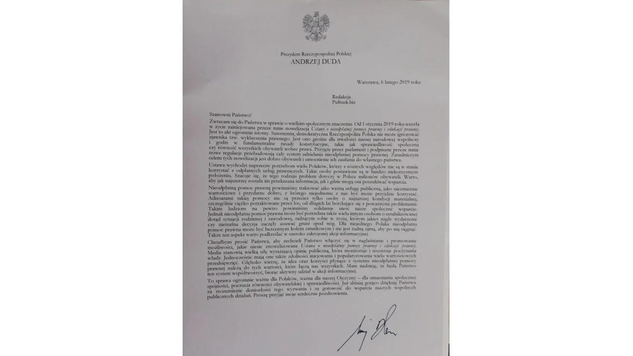 List Prezydenta RP Andrzeja Dudy do Redakcji Pultusk.biz