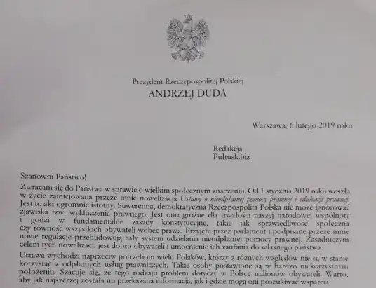 List Prezydenta RP Andrzeja Dudy do Redakcji Pultusk.biz