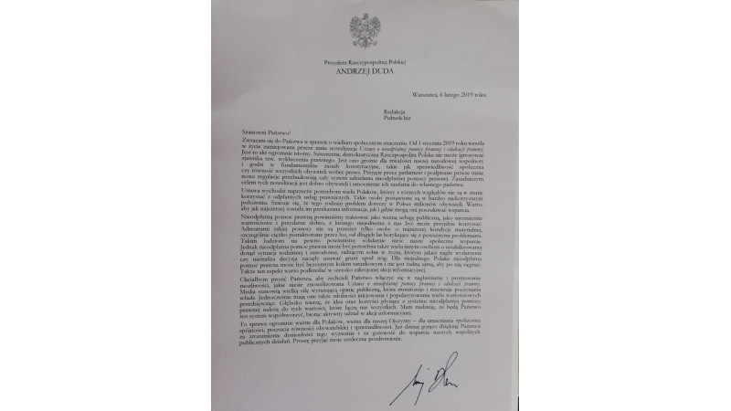 List Prezydenta RP Andrzeja Dudy do Redakcji Pultusk.biz