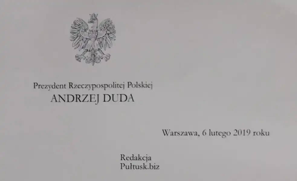 List Prezydenta RP Andrzeja Dudy do Redakcji Pultusk.biz