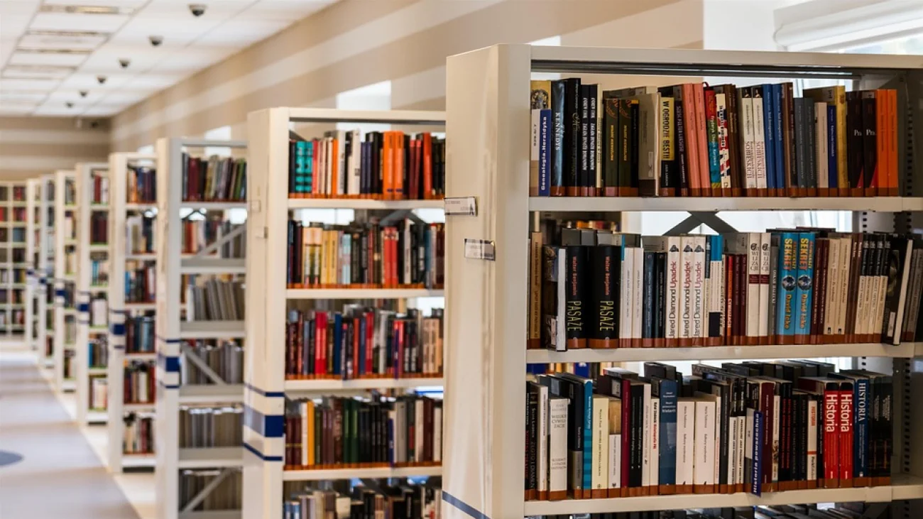 Regały z książkami w bibliotece — zdjęcie ilustracyjne