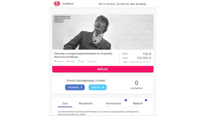 Publiczna zbiórka na zorganizowanie Festiwalu im. Krzysztofa Klenczona 2019 w Pułtusku