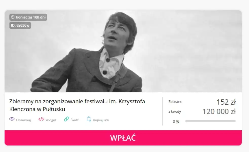 Publiczna zbiórka na zorganizowanie Festiwalu im. Krzysztofa Klenczona 2019 w Pułtusku