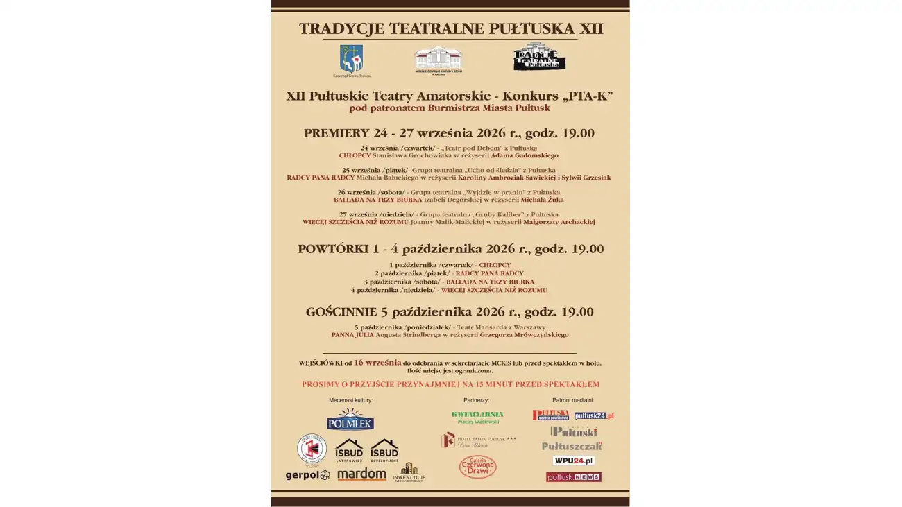 Plakat XII Tradycji Teatralnych Pułtuska — premiery 24–27 września 2026