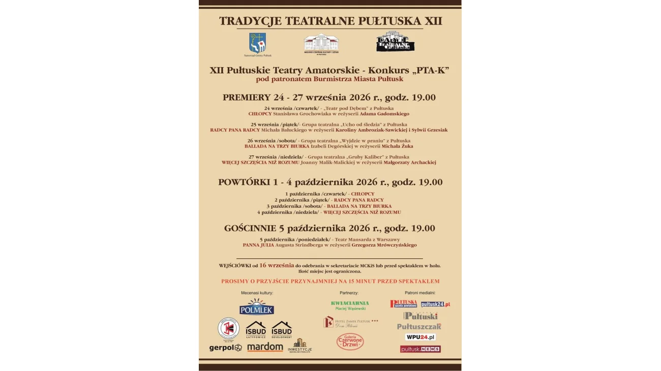 Plakat XII Tradycji Teatralnych Pułtuska — premiery 24–27 września 2026