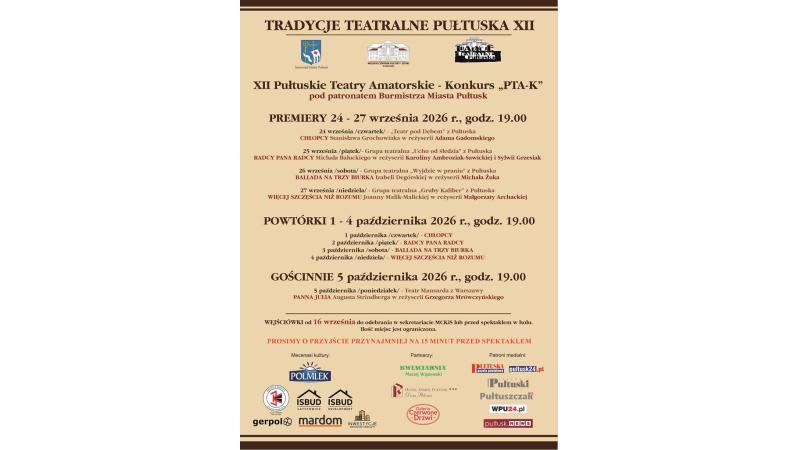Plakat XII Tradycji Teatralnych Pułtuska — premiery 24–27 września 2026