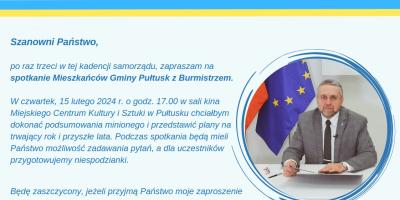 Zaproszenie na spotkanie Mieszkańców Gminy Pułtusk z Burmistrzem