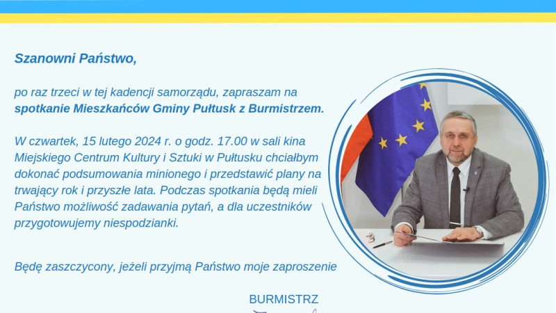 Zaproszenie na spotkanie Mieszkańców Gminy Pułtusk z Burmistrzem