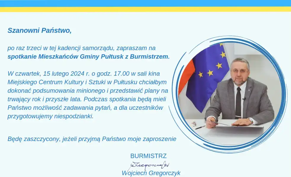 Zaproszenie na spotkanie Mieszkańców Gminy Pułtusk z Burmistrzem