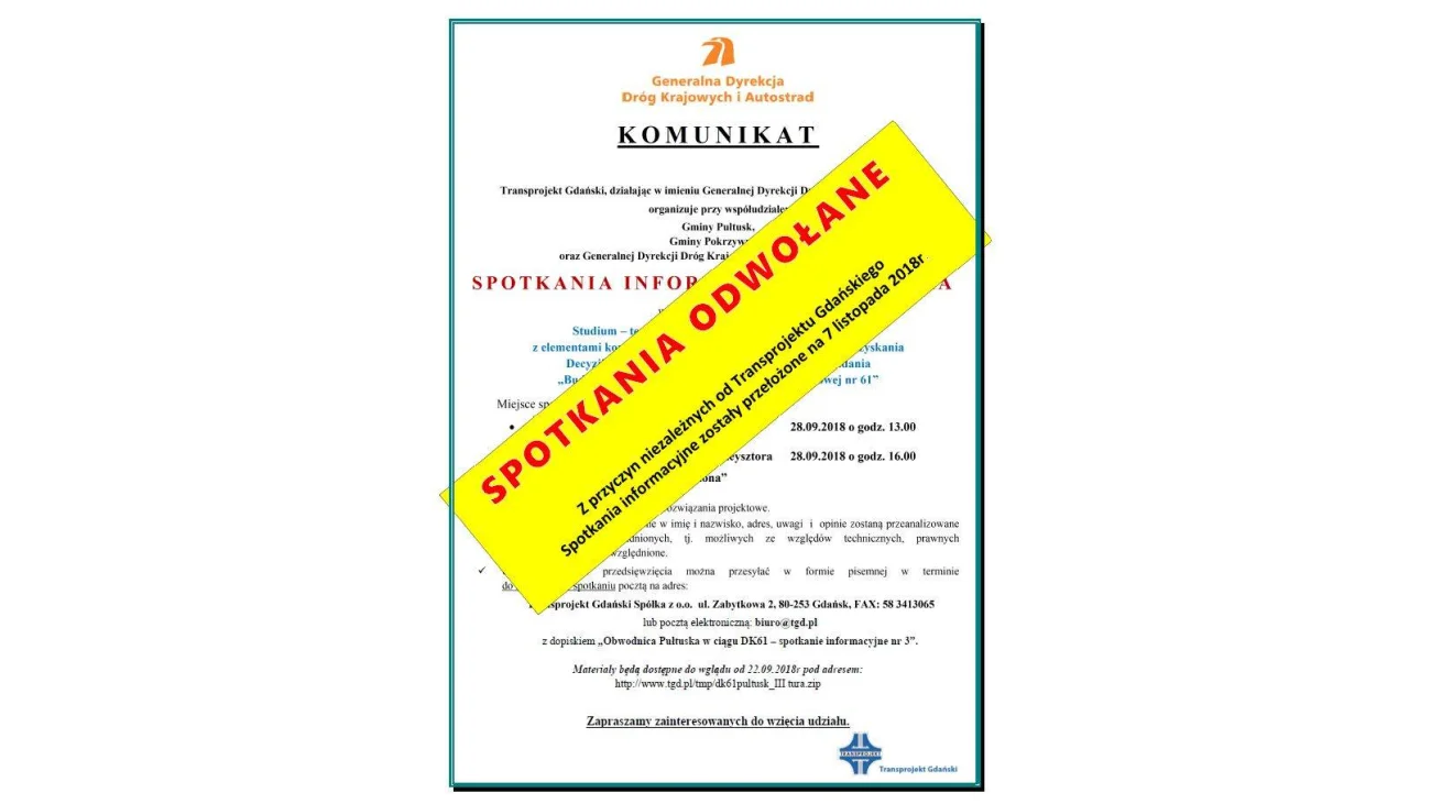 Obwodnica Pułtuska - UWAGA! Zmiana w terminie spotkania z mieszkańcami