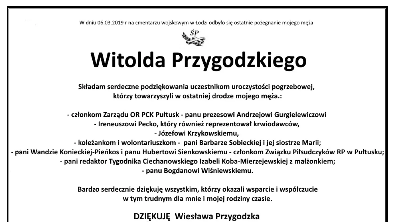 Podziękowanie za udział w uroczystościach pogrzebowych śp. Wilolda Przygodzkiego