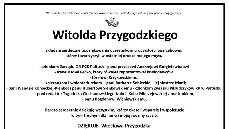 Podziękowanie za udział w uroczystościach pogrzebowych śp. Wilolda Przygodzkiego